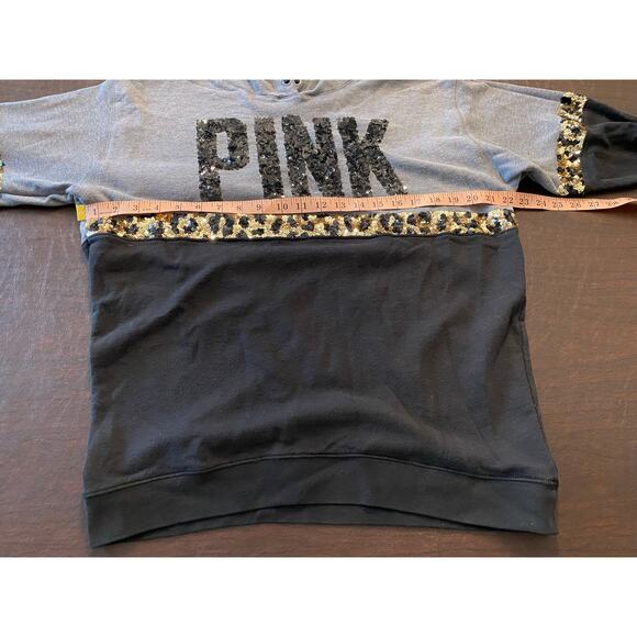 Victoria’s Secret PINK Sequin Leopard Colorblock Hoodie Sweatshirt Med Bling - Picture 6 of 9